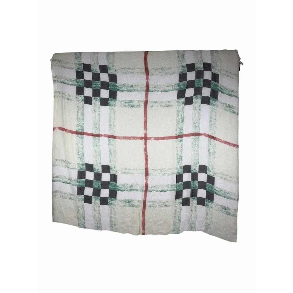 Authentic Burberry 100% Silk Scarf Green Ivory Check Print Shawl Wrap, Sz 50x52
